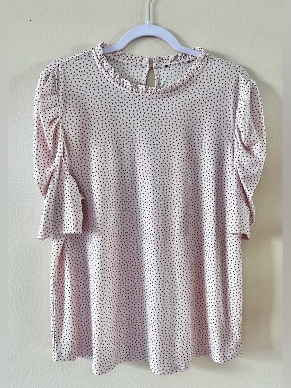 Adrianna Papell Pink Polka Dot Ruffle Neck Blouse Women’s Size L - Picture 3 of 4